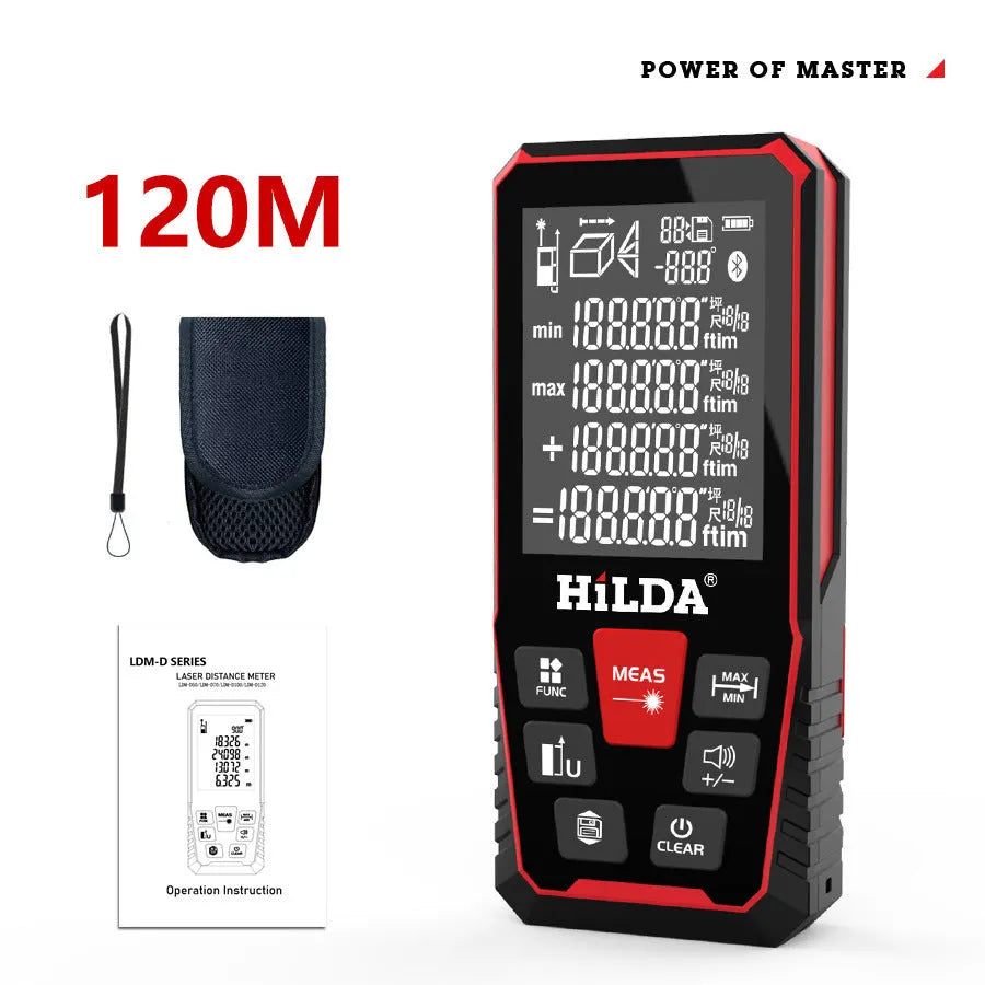 A handheld plastic laser rangefinder for measuring distances up to 120 metres.