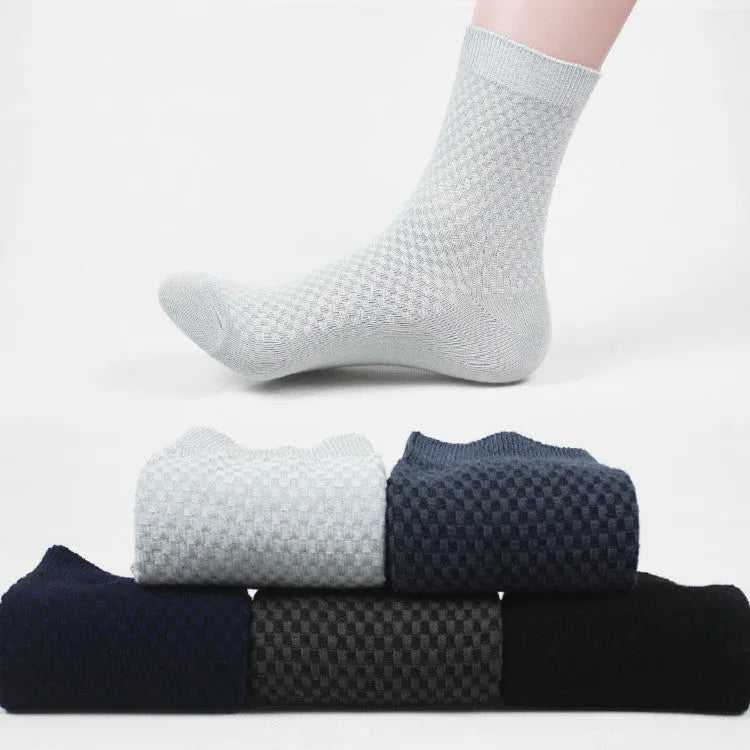 Men's bamboo fibre business socks with small square pattern in black, grey blue, iron grey, navy blue, and silver grey.