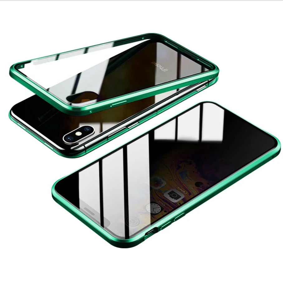 Anti-spy privacy phone case in black with a glass screen guard, shown next to an iPhone.