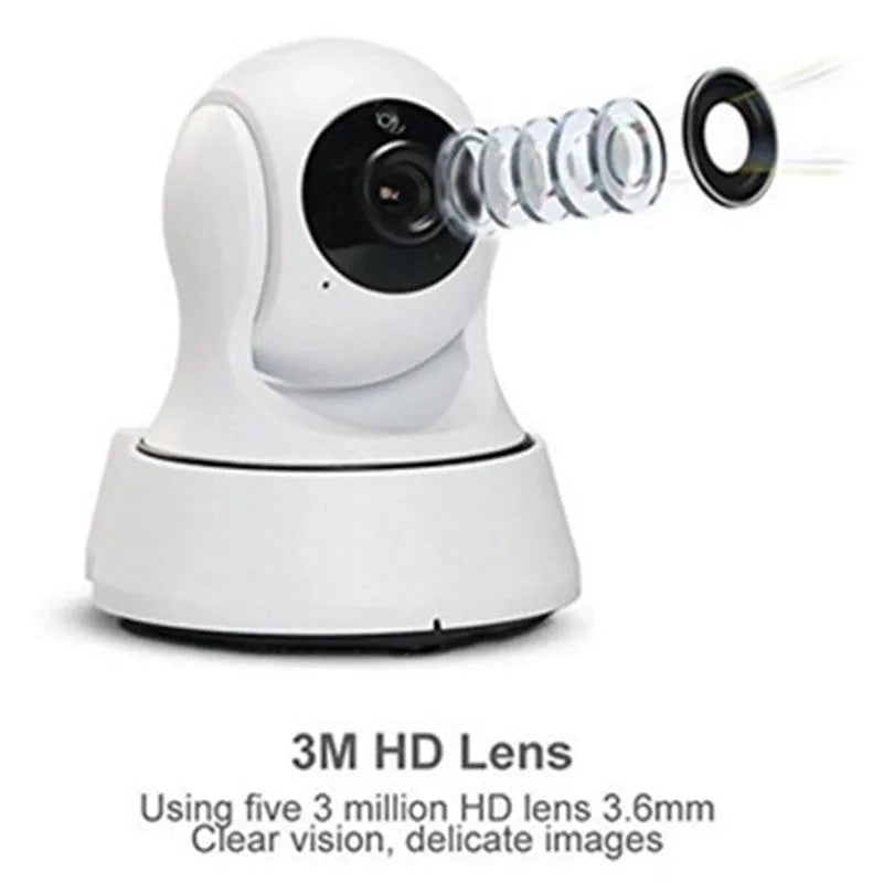White wireless network camera with 720P HD, 3.6mm lens, 10m night vision, and 355° pan