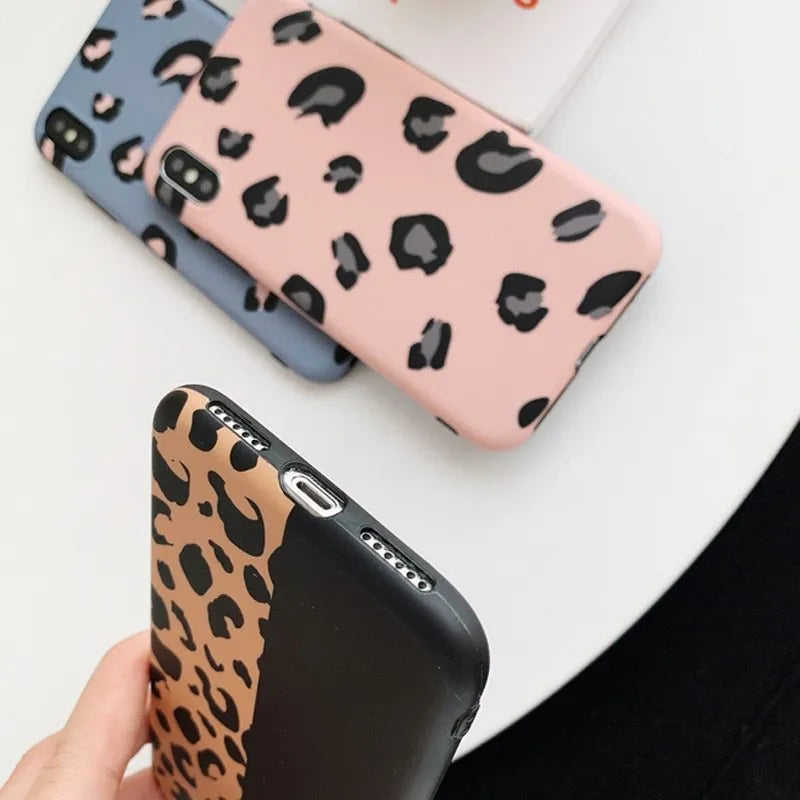 Leopard phone case for iPhone XS XR XS Max X 6 6S 7 8 Plus in black colour, showing back view