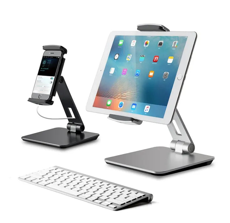 Folding aluminium phone and tablet holder with 360-degree rotating base