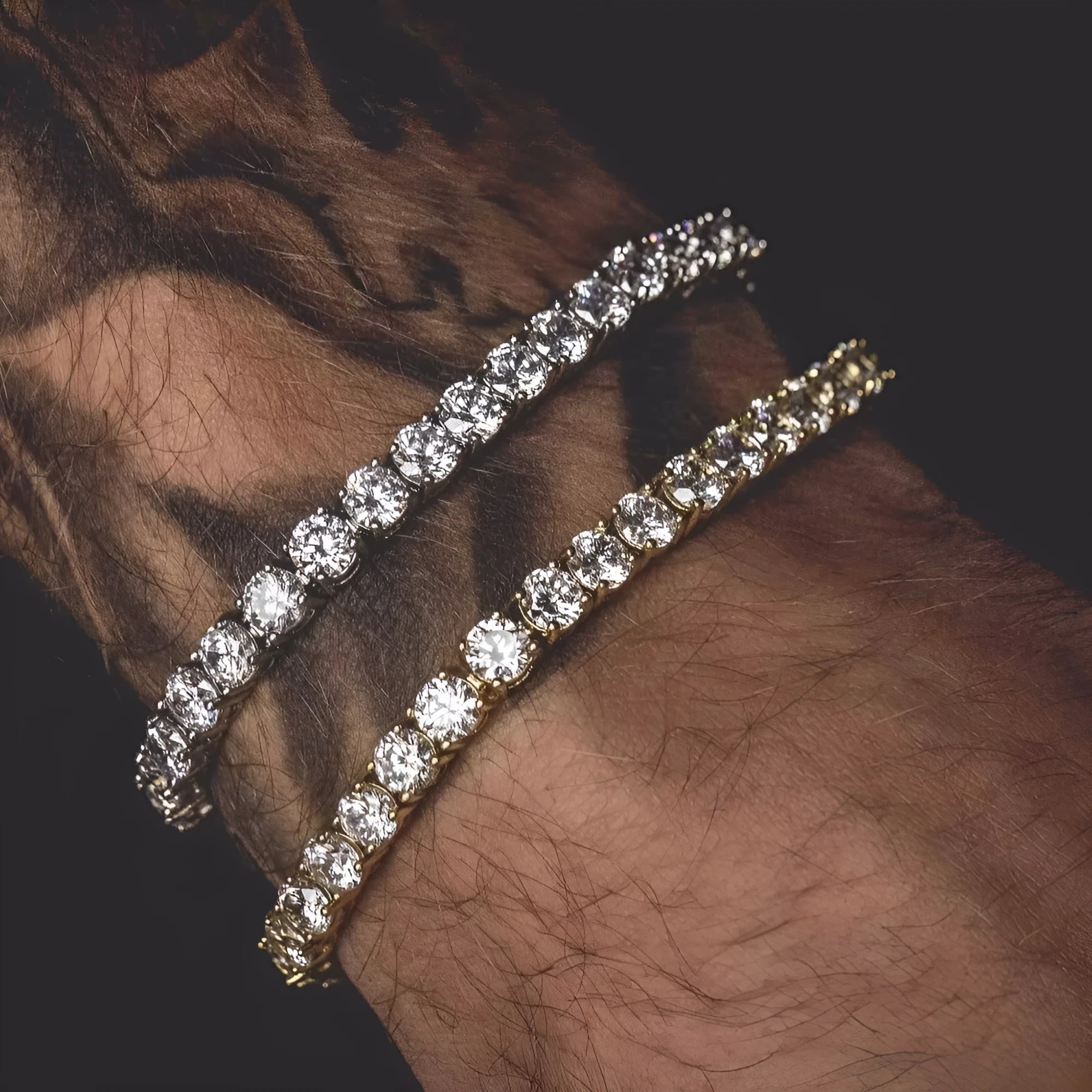 Men's silver hip hop bracelet with single row iced out rhinestones on chain link geometry design