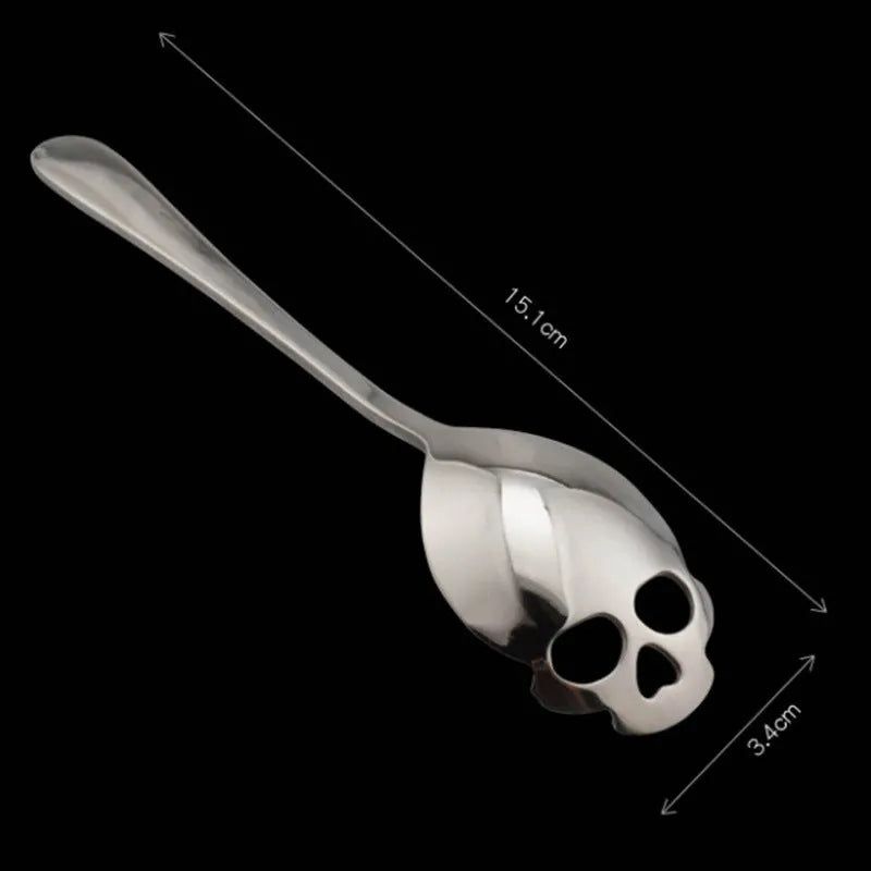 Stainless steel skull-shaped coffee mixing spoon in a colour finish