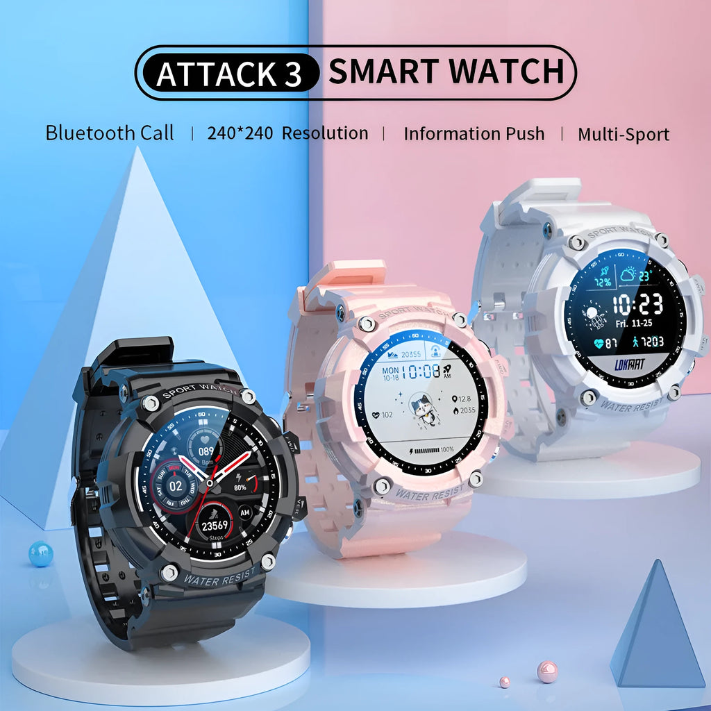 Black ATTACK 3 smart sports watch with round colour screen and TPU strap on a wrist.