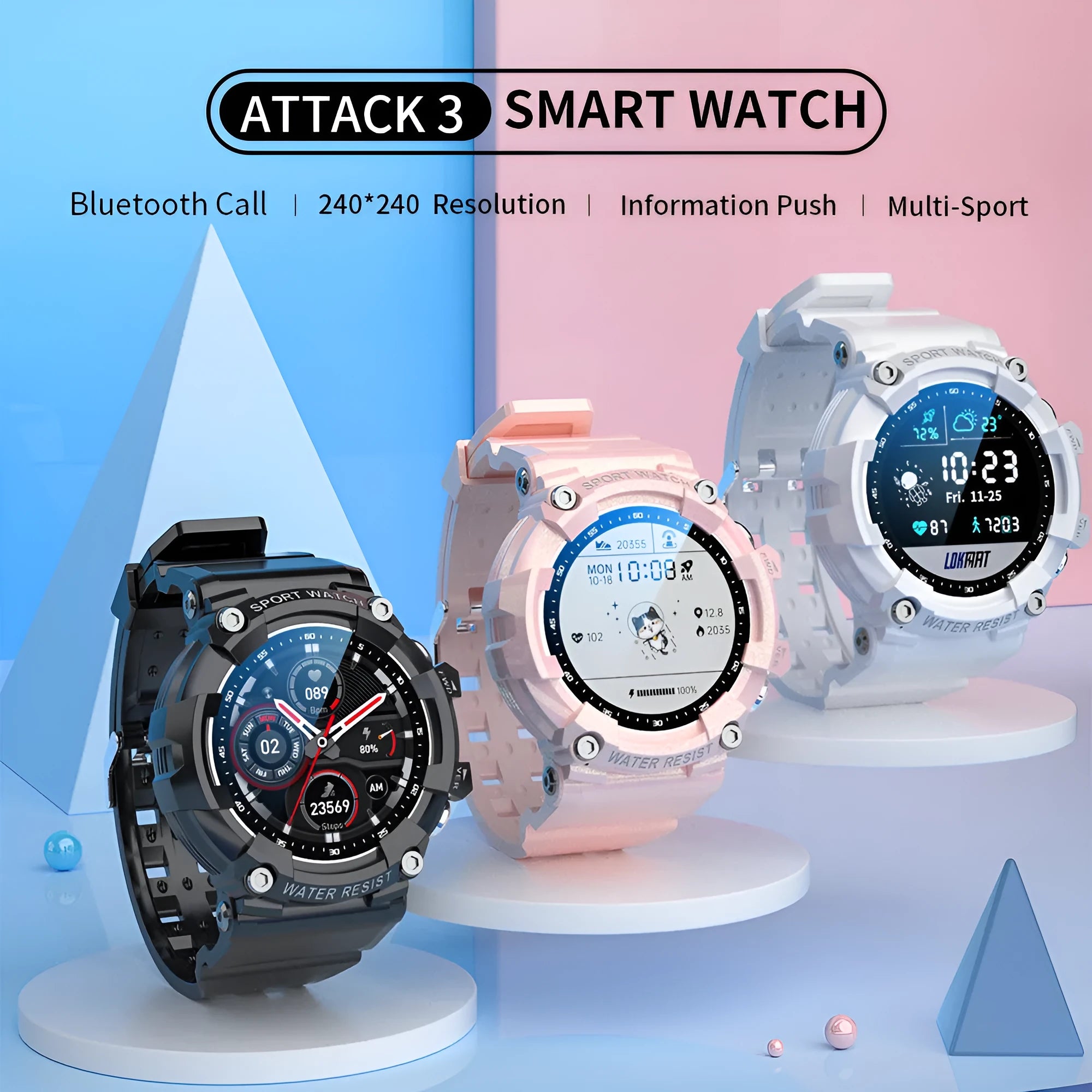 Black ATTACK 3 smart sports watch with round colour screen and TPU strap on a wrist.