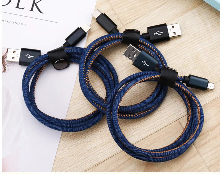 Denim braided USB Type-C charging cable with aluminium connectors in black, blue, or red.