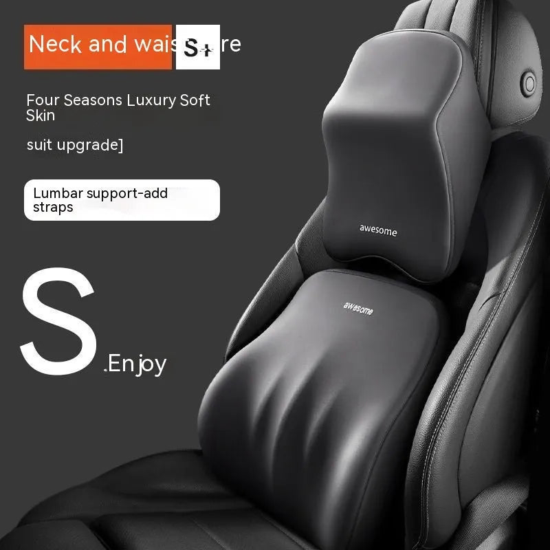 Memory foam car headrest pillow and lumbar support cushion set in black, grey, blue, and pink colour options.