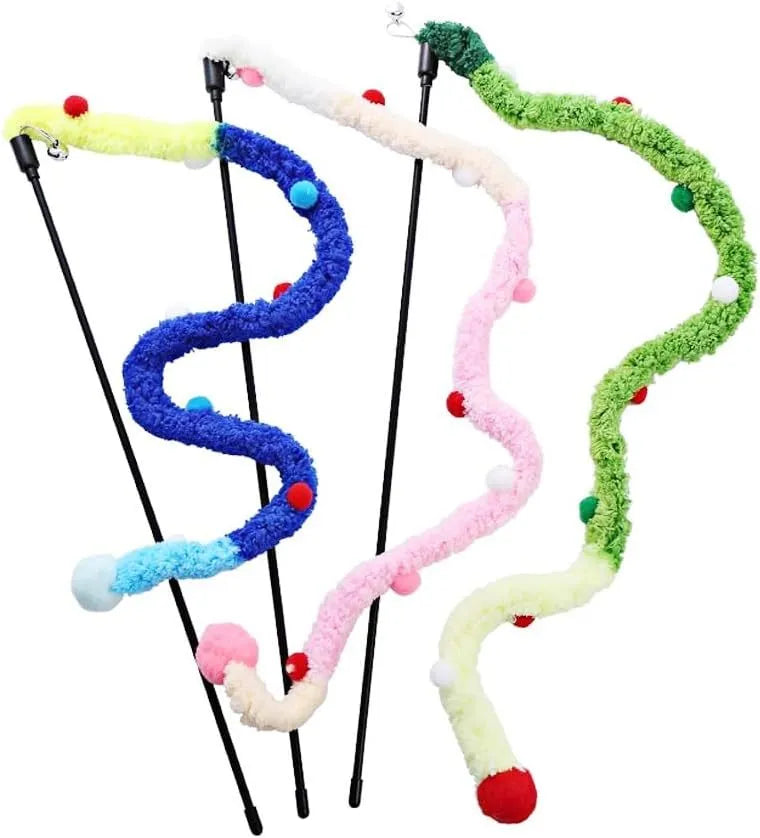 Cat wand toy with colourful feather and bell plush strip on 41cm pole