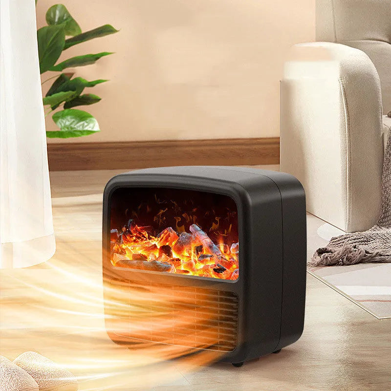 Black desktop ceramic electric space heater with LED flame effect and mechanical controls