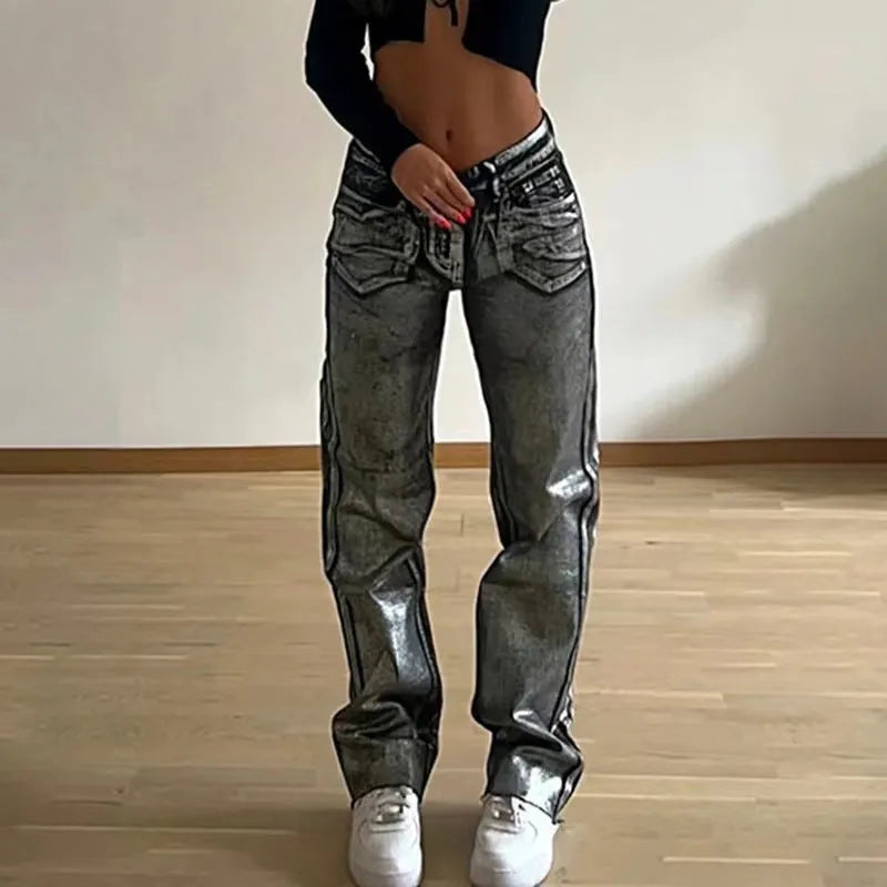 High waisted straight leg jeans in blue, silver or black with contrast colour street hipster style
