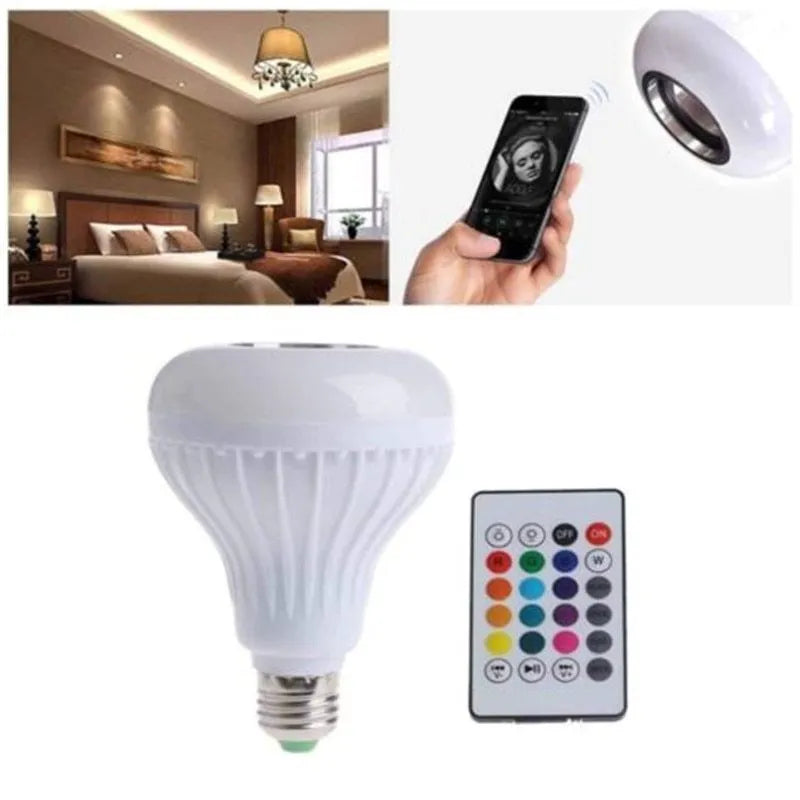 White Bluetooth speaker LED light bulb with E27 base showing multi-colour lighting options