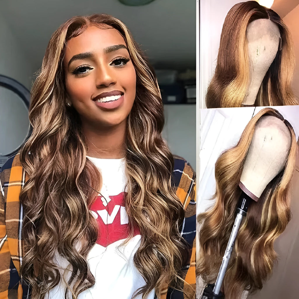 Front lace wig with big black waves, shown in medium curly and straight styles.
