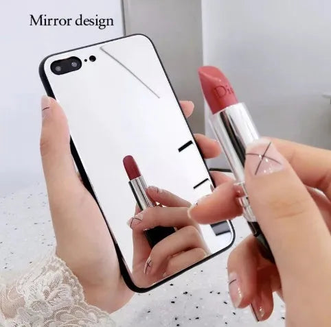 Black iPhone mirror case showing reflective surface on back, compatible with multiple iPhone models