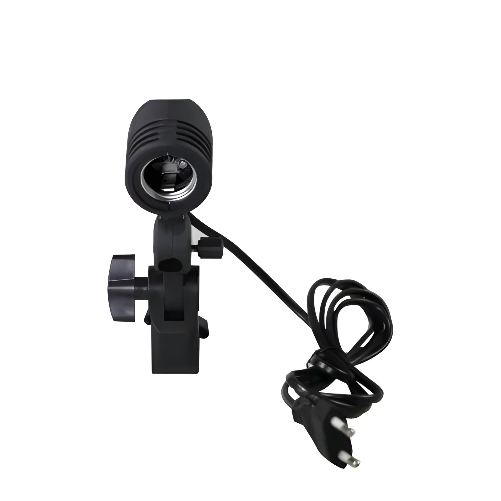 Black photographic single lamp holder with reinforced nylon connector and power cords.