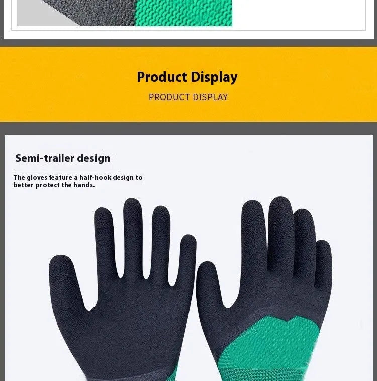 Pair of black and green rubber work gloves with a textured, non-slip surface on the palms and fingers.