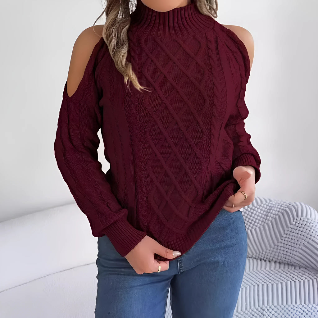 Women's casual acrylic sweater with strapless design, twisted pattern, half-high collar, and lantern sleeves