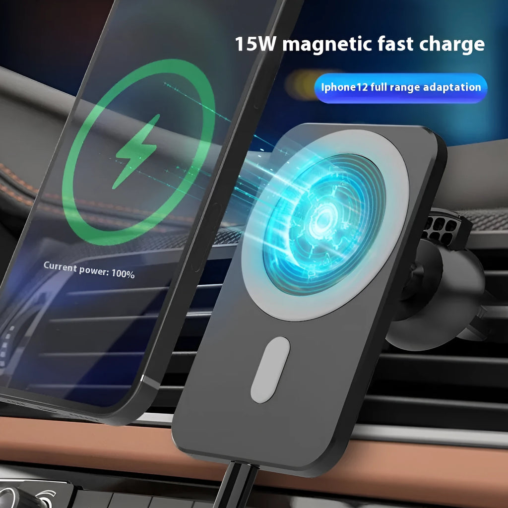 Black X-16 magnetic car wireless charger phone holder attached to a vent bracket