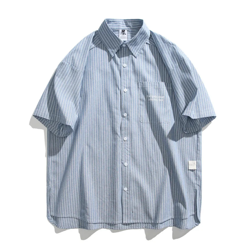 Blue striped short-sleeved shirt overalls with cardigan style on mannequin
