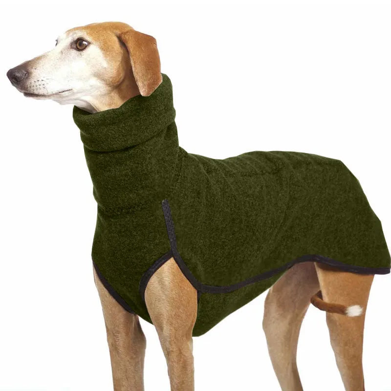 Bunny fleece two-legged dog jumper with high collar and hedging, available in seven colours, sizes S to 5XL.