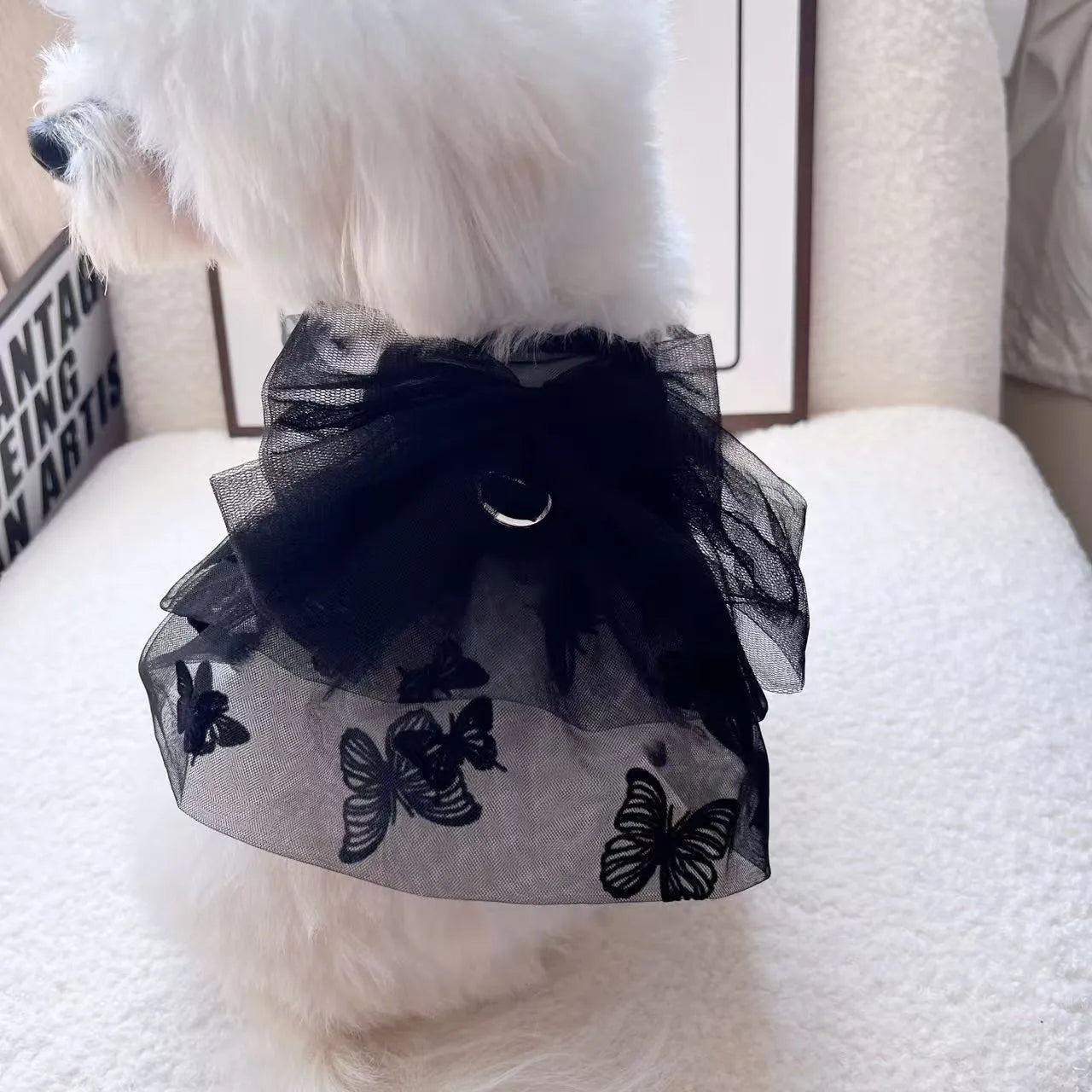 Black tulle princess skirt pet costume on small dog with size chart showing five available sizes