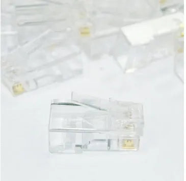 White RJ45 network modular plug with gold-plated contacts, shown alongside a bulk pack of 1000 units