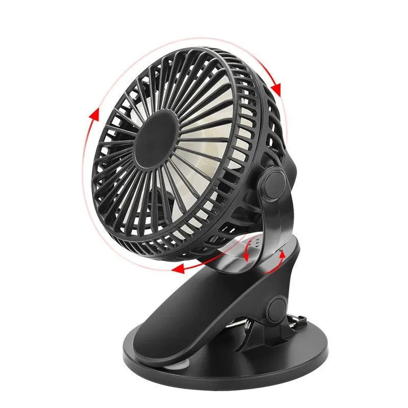 Small white USB rechargeable clip fan with plastic blades attached to desk edge
