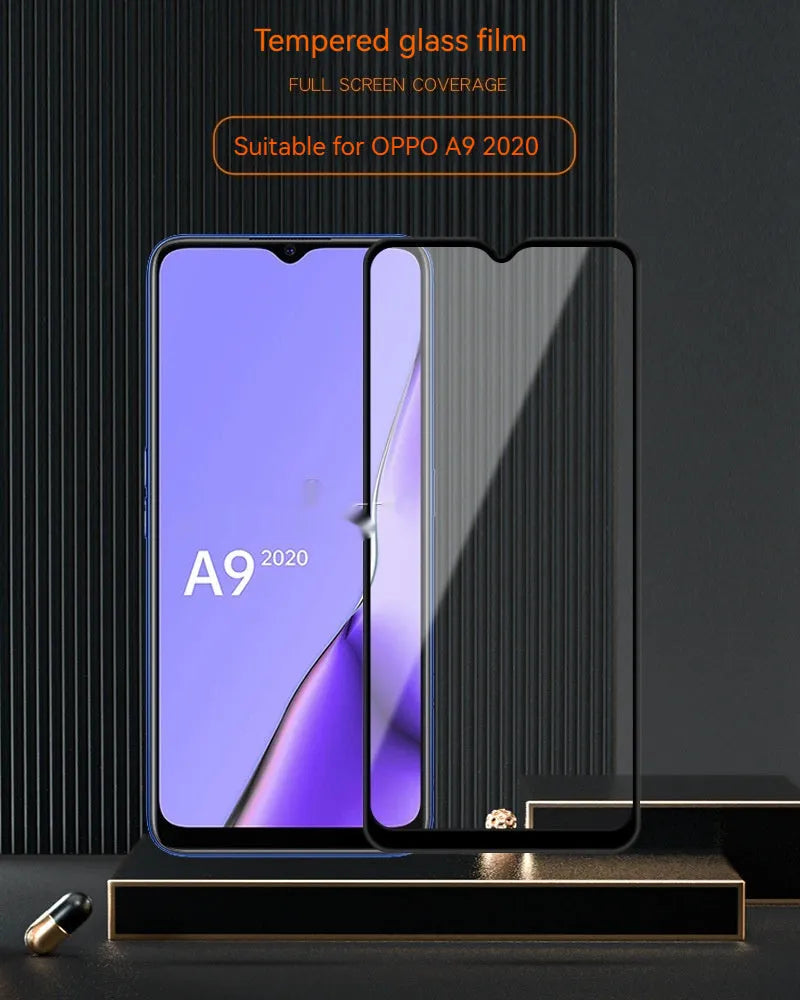 OPPO A9 2020 full glue tempered glass screen protector showing black colour and full screen coverage