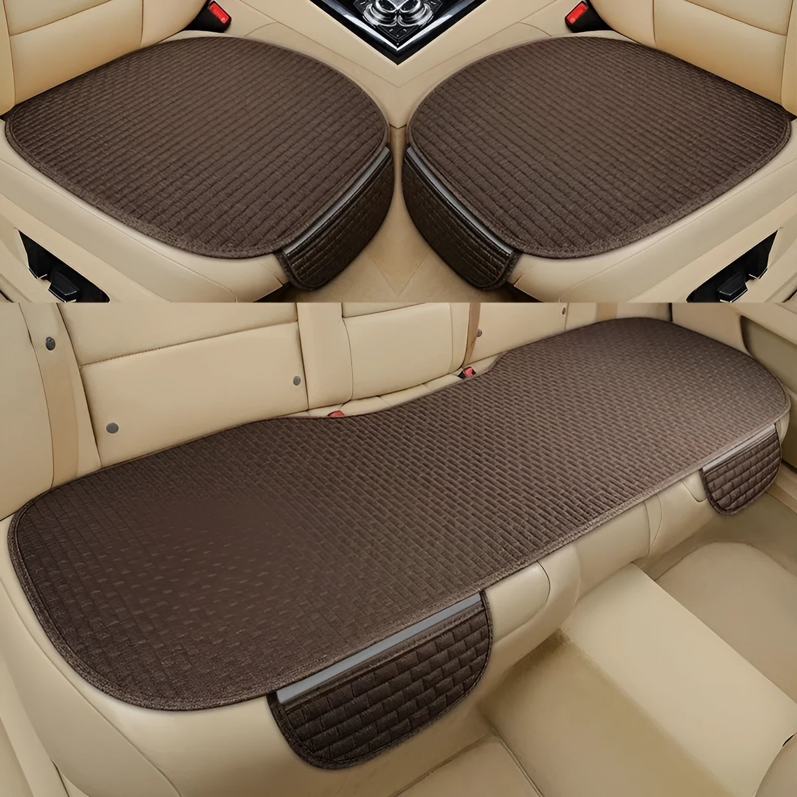Linen car cushion with hemmed edges in charm coffee colour on vehicle seat