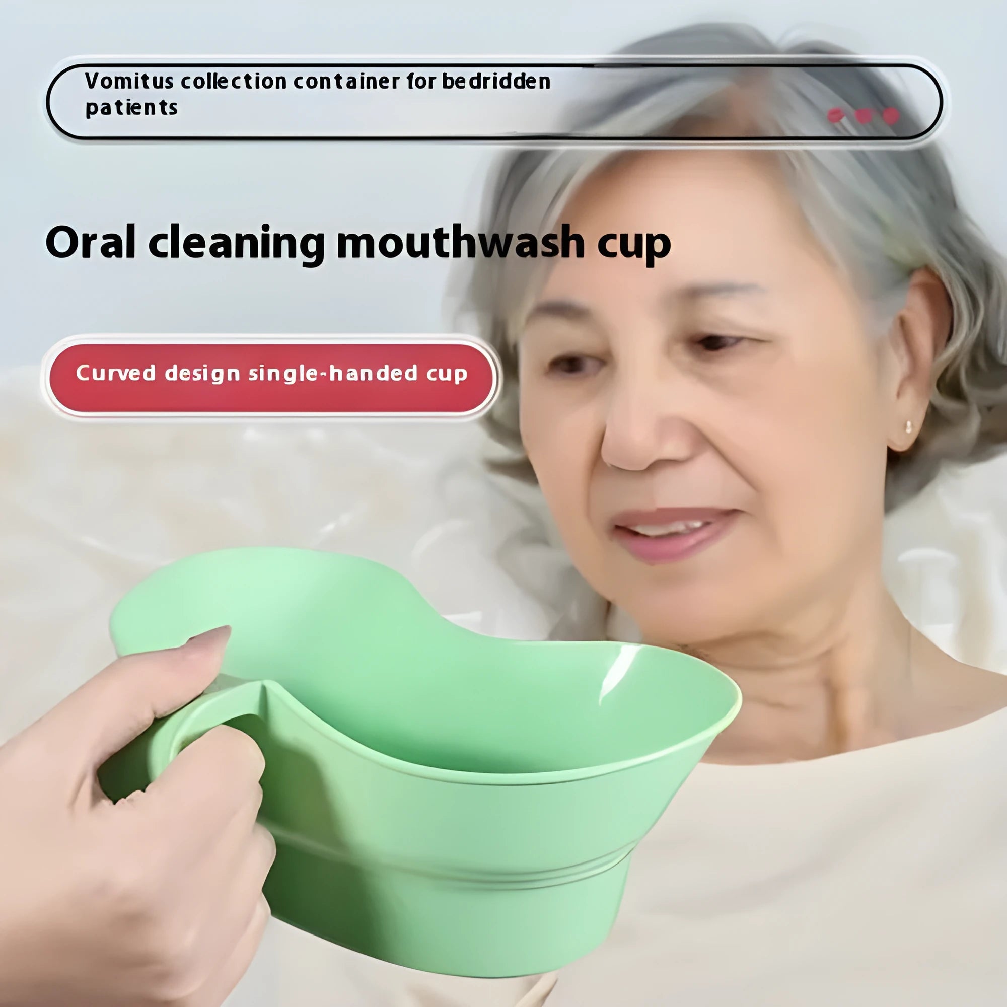 Green plastic gargle cup for bedridden elderly oral hygiene assistance