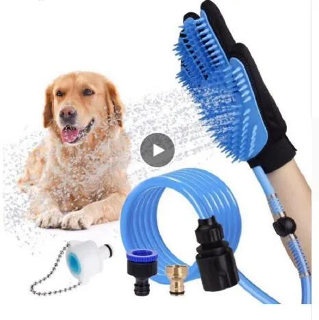 Blue handheld pet shower head with silicone massage glove, 7.5 ft hose and two faucet adapters for dog and cat bathing