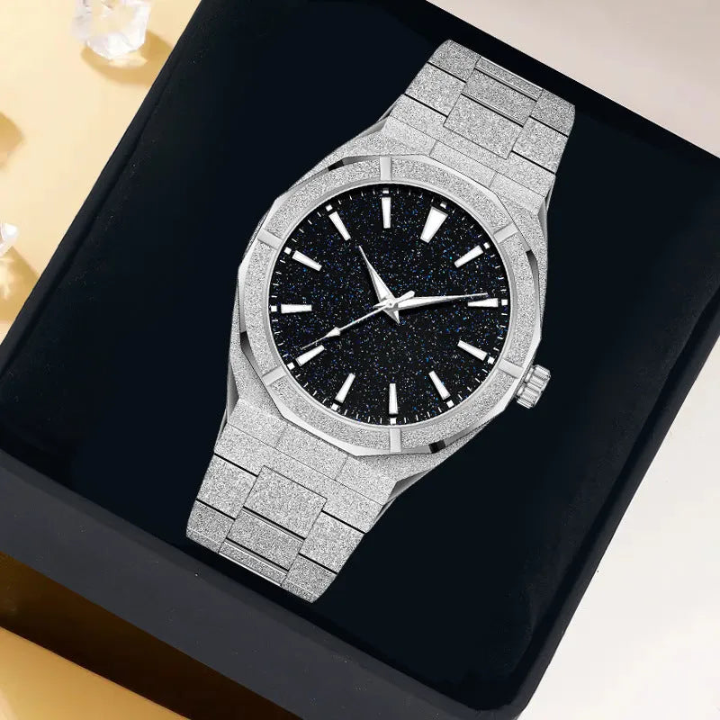 Men's business watch with frosted stainless steel case and luminous markers in silver colour
