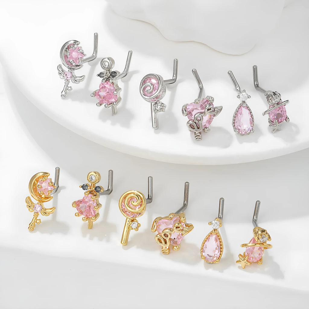 Geometric zircon nose stud in gold or white K tone with brass base and 18K plating
