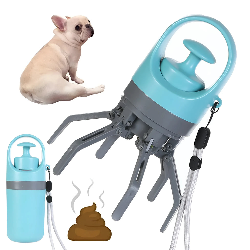 Blue plastic portable dog pooper scooper with built-in bag dispenser and eight-claw shovel