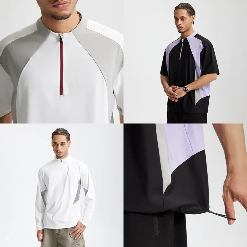 Men's lightweight polyester casual top in black and beige with long sleeve and short sleeve options