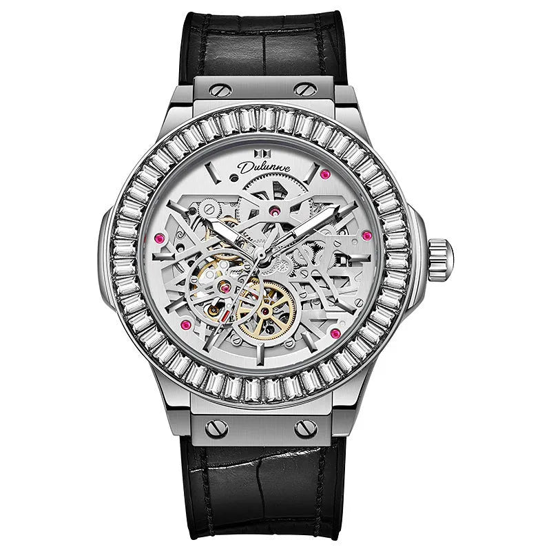 Automatic mechanical men's watch with hollow movement, diamond studs, and a 16mm thick case on a leather strap.