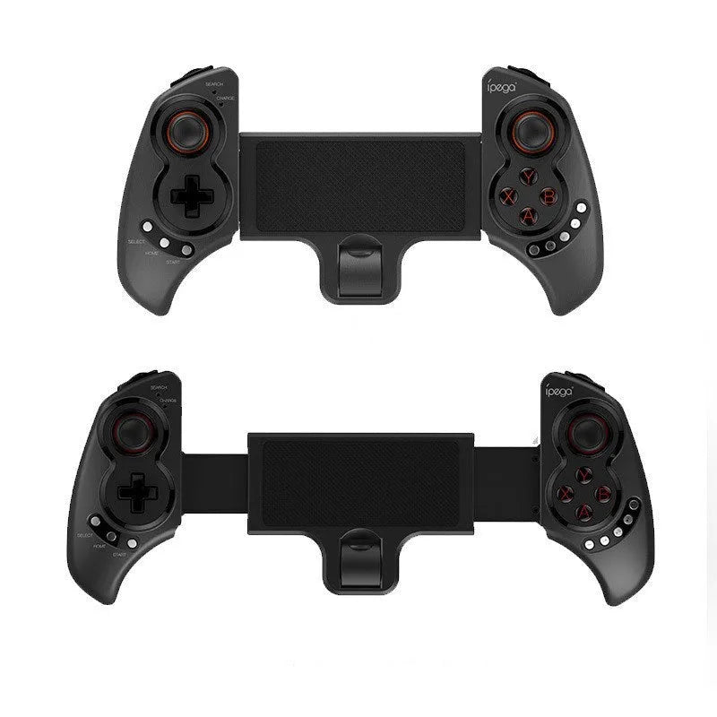 Wireless telescopic game controller extended with phone inserted, showing controls and USB port