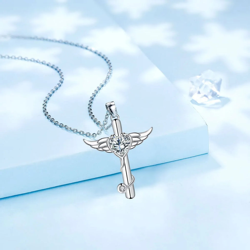 Women's copper wings cross stethoscope necklace with electroplated finish in red diamond colour option