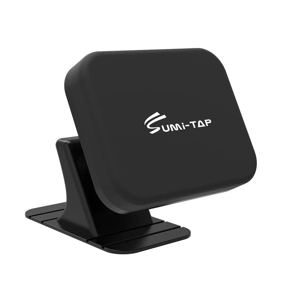 Magnetic car phone holder with nylon base and silicone surface attached to dashboard, available in black