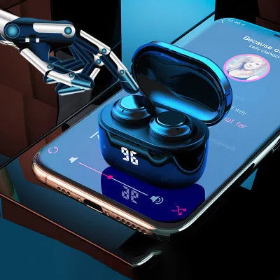 A black stereo Bluetooth headset with earbuds, showcasing its wireless design.