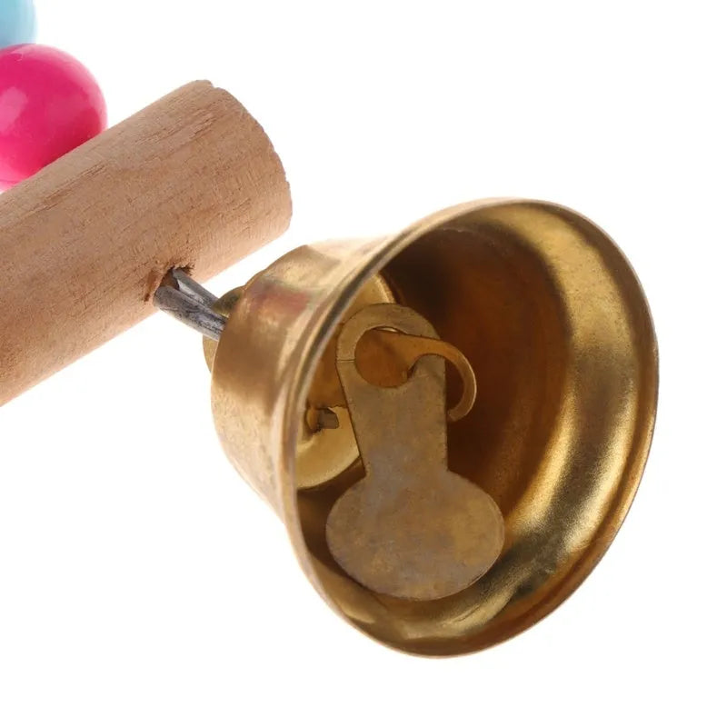 Wooden parrot swing with colourful beads, two bells, and a hanging hook, 10cm by 1.4cm by 15cm
