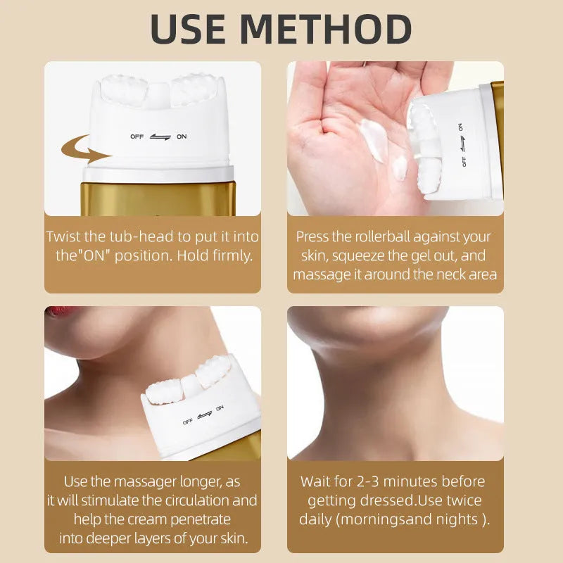 Neck moisturising cream jar with beauty massage roller for dry skin application