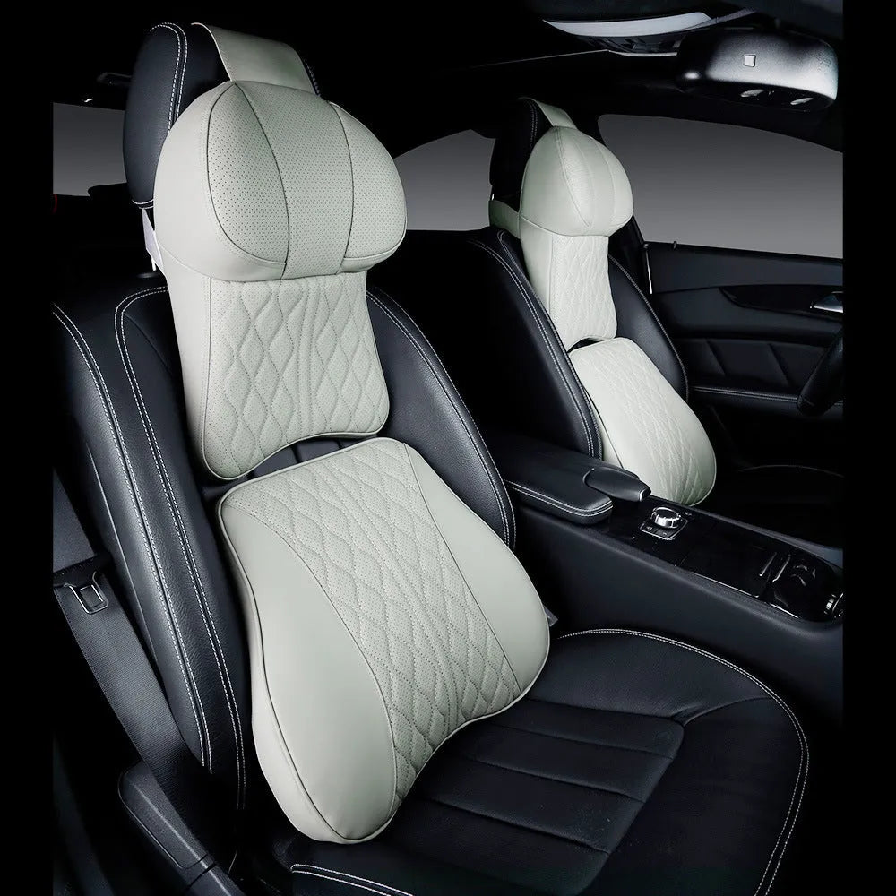 Car neck pillow and lumbar support cushion set with wavy leather embroidery pattern in beige colour