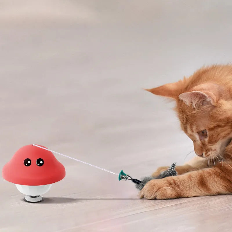Red cat wand suction cup toy with retractable teaser on smooth surface, ABS construction, 41g weight