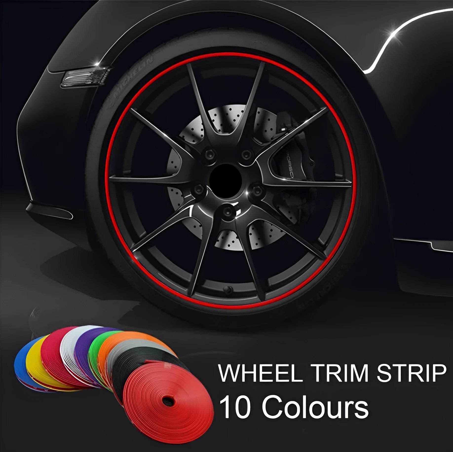 8-metre PET wheel rim protector strip set with 3M adhesive in multiple colours for alloy wheels up to 22 inches
