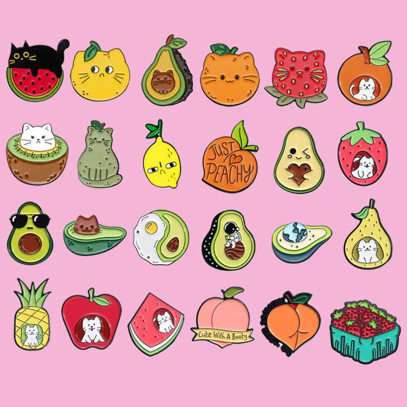Colourful cartoon fruit design on a letter-shaped zinc alloy brooch pin.