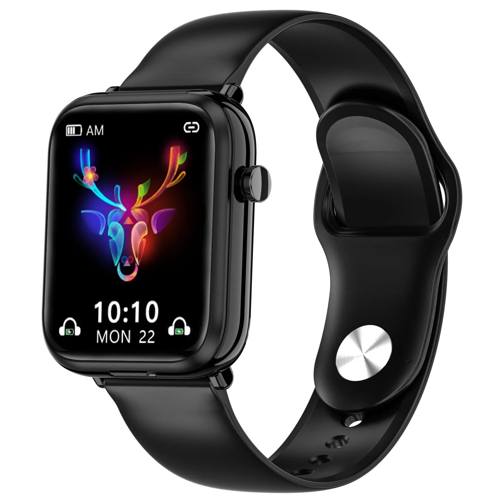 Black all-touch smart watch body with zinc alloy frame and 1.69 inch screen showing fitness data