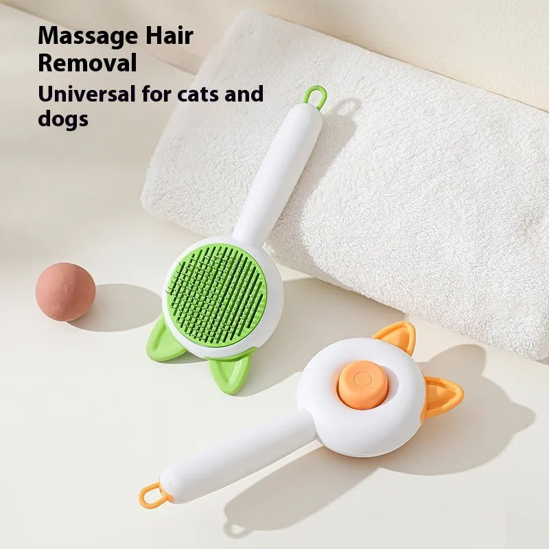 Self-cleaning cat grooming brush with stainless steel pins in greenish white and orange white colour options