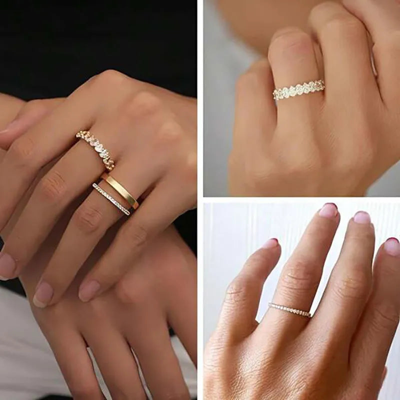 Geometric copper ring three-piece set with zircon inlay white gold colour on display