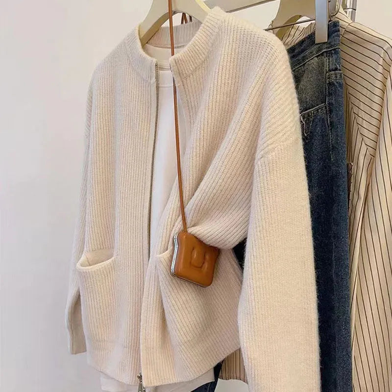 Beige viscose fibre soft wind sweater coat cardigan with long sleeves laid flat